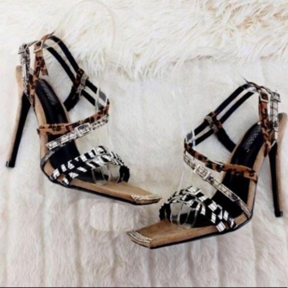 Animal Print Embellished Square Toe Heels in Nude - Picture 4 of 4
